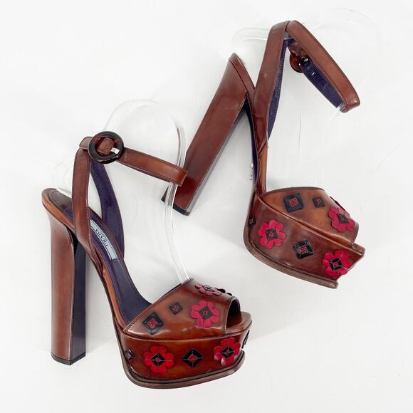 Prada Tobacco Brown Leather Floral Platform Ankle Strap High Heel Sandals IT 38 - Picture 4 of 14